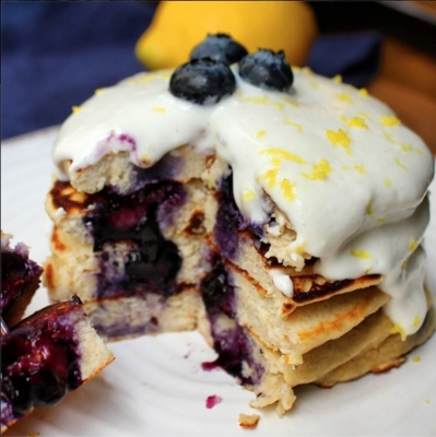 Blueberry Protein Pancakes With Lemony Cream Cheese Topping