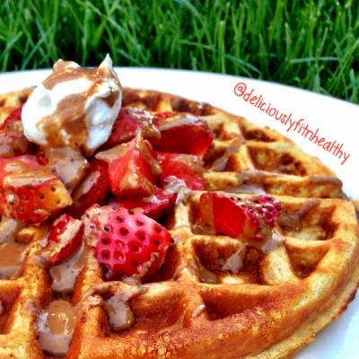 Cinnamon Peanut Butter Waffles With Strawberries and Chocolate Pb Drizzle