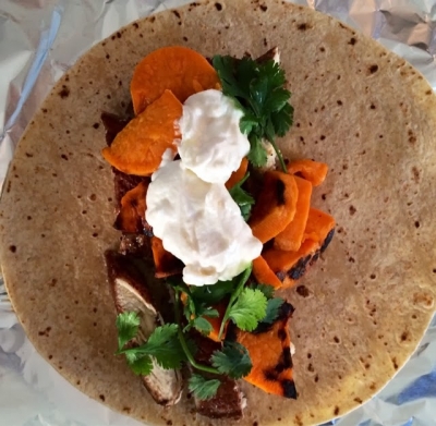 Five Spice Maple Glazed Chicken Wrap With Sweet Potato and Maple Cream
