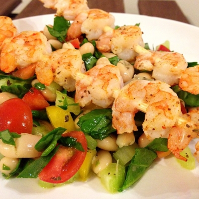 Shrimp Skewers and White Bean Vegetable Salad