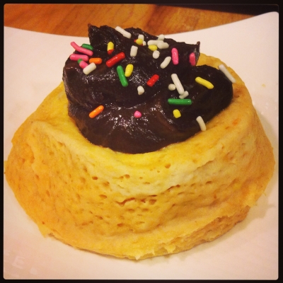 Vanilla Casein Mug Cake With Chocolate Peanut Butter Frosting