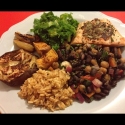 Salmon With Eggplant, Bean Salad, Rice and Kale